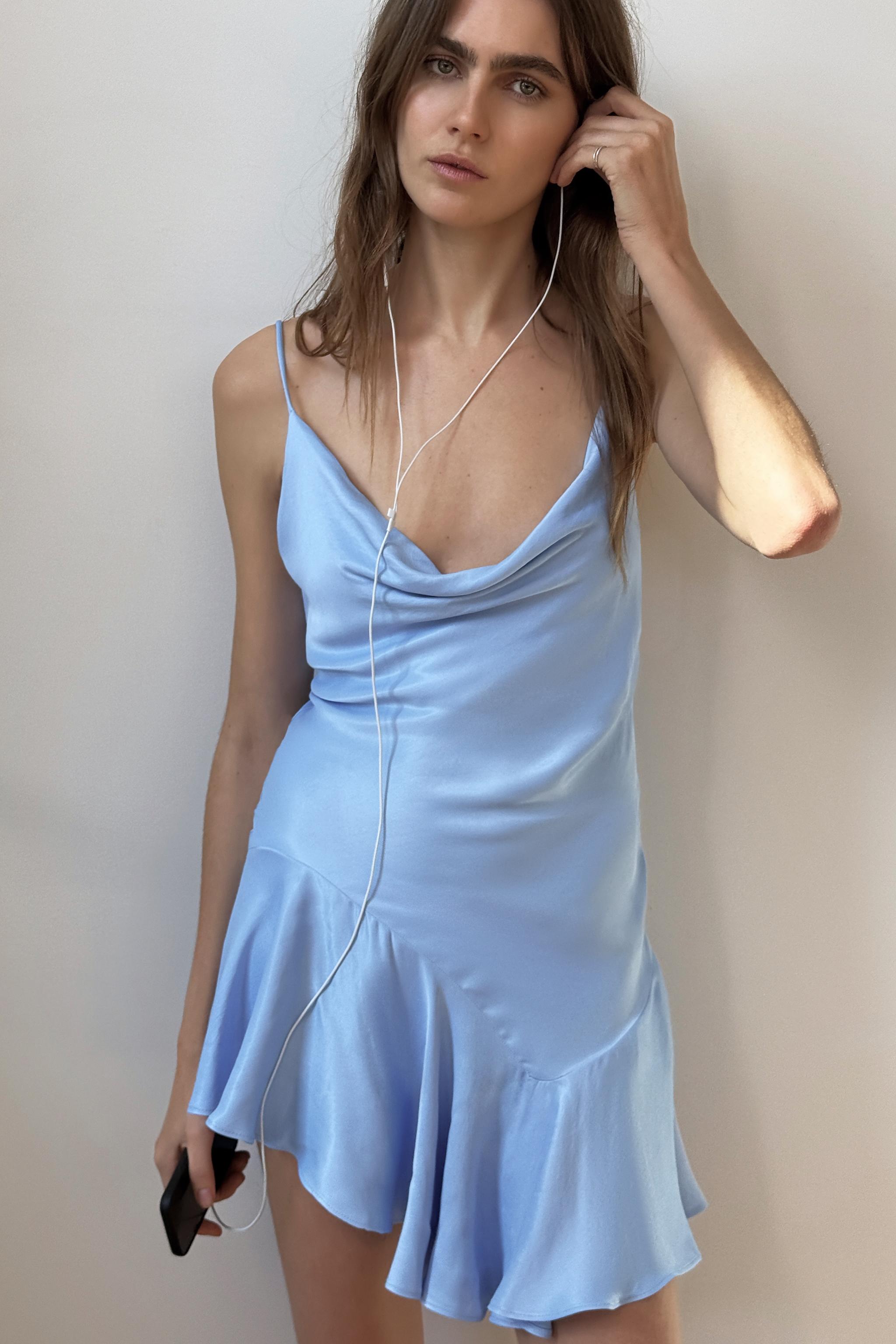 ASYMMETRIC HEM SATIN EFFECT SHORT DRESS